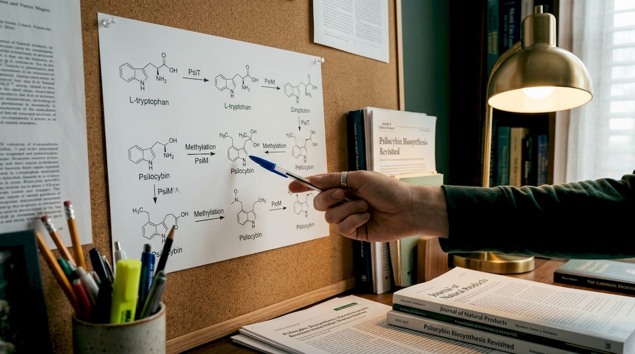 Close-up of psilocybin biosynthesis research chart