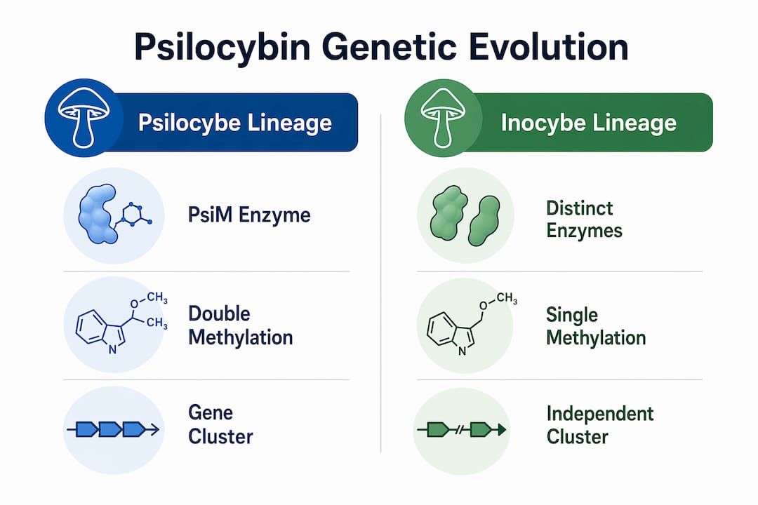Infographic comparing genetic pathways in two mushroom lineages