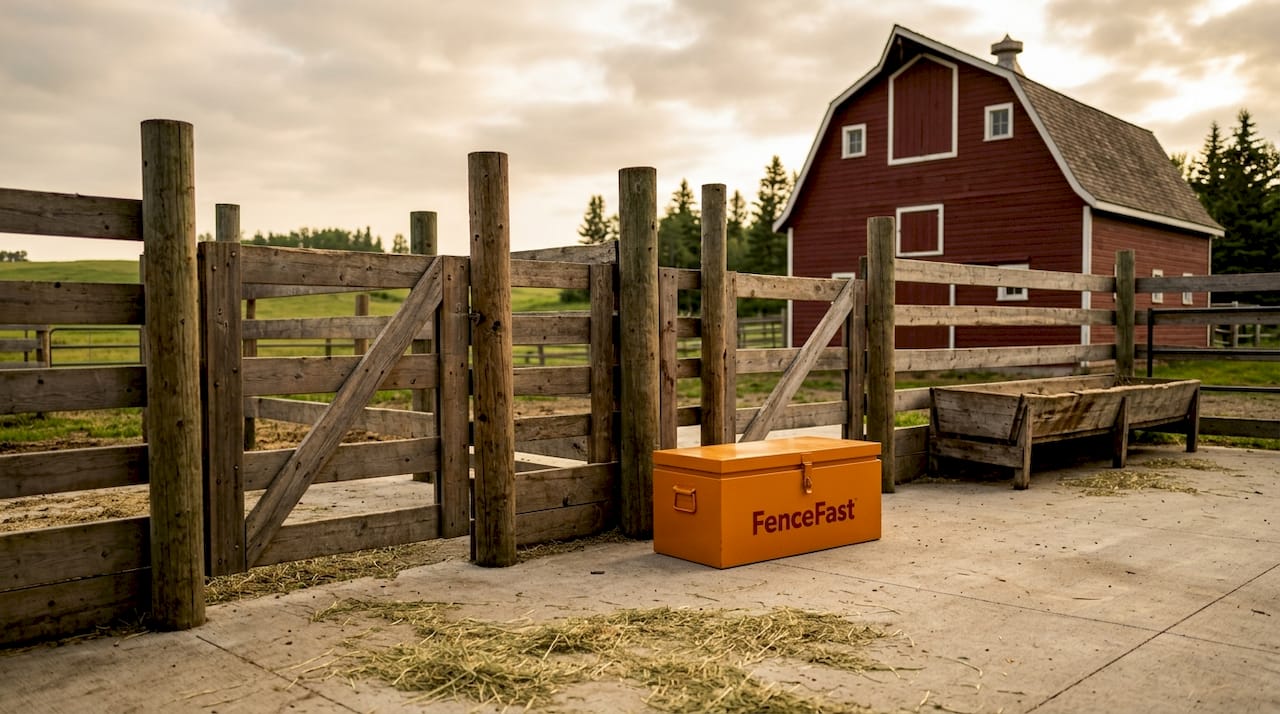 Empty livestock treatment pen with stanchions