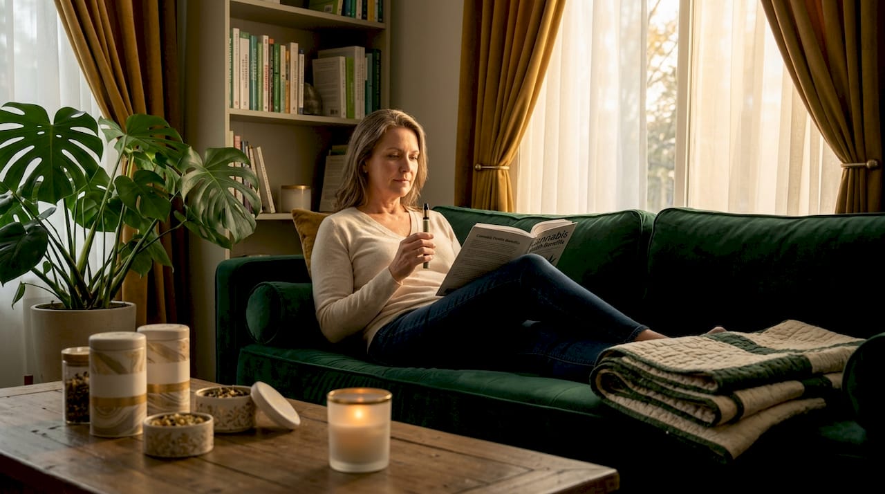 Woman using vaporizer for cannabis anxiety relief