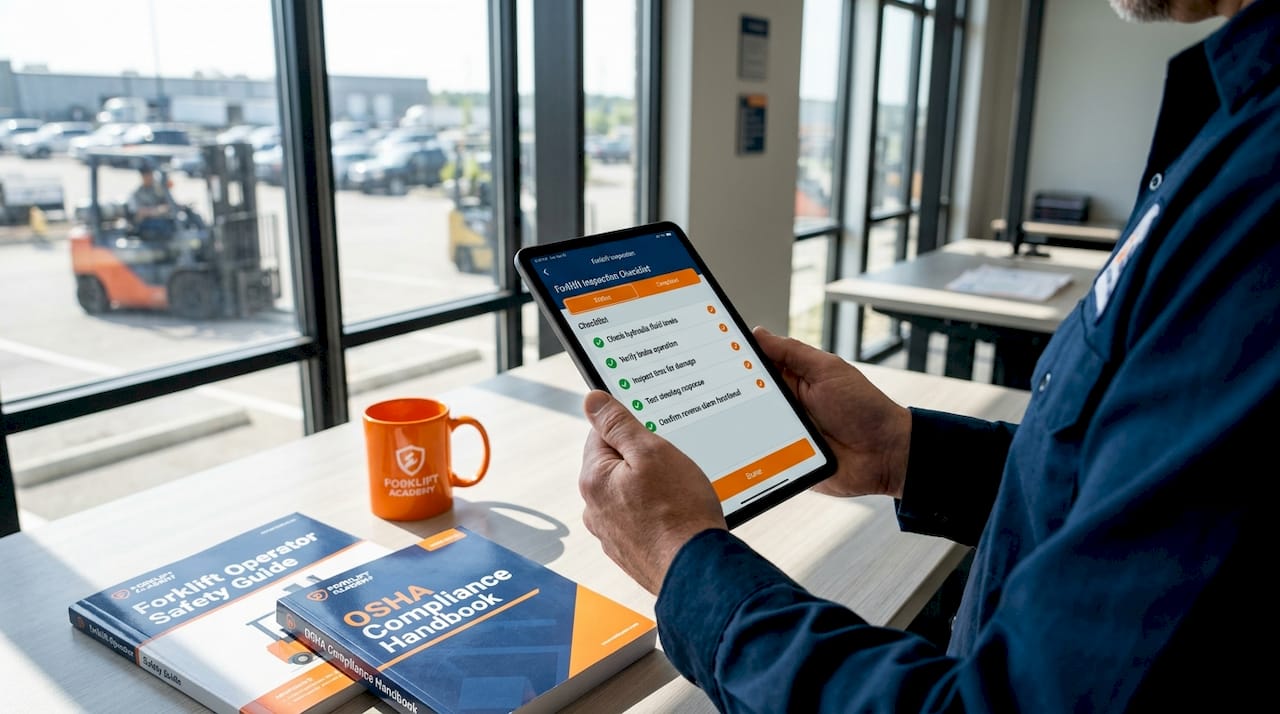 Supervisor using digital forklift inspection checklist