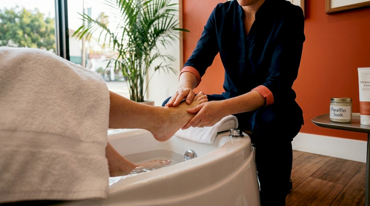 Client receiving paraffin pedicure treatment