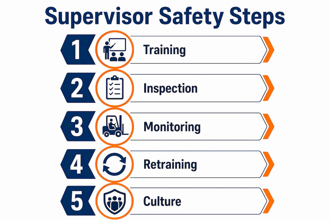 Infographic showing five key forklift safety steps for supervisors