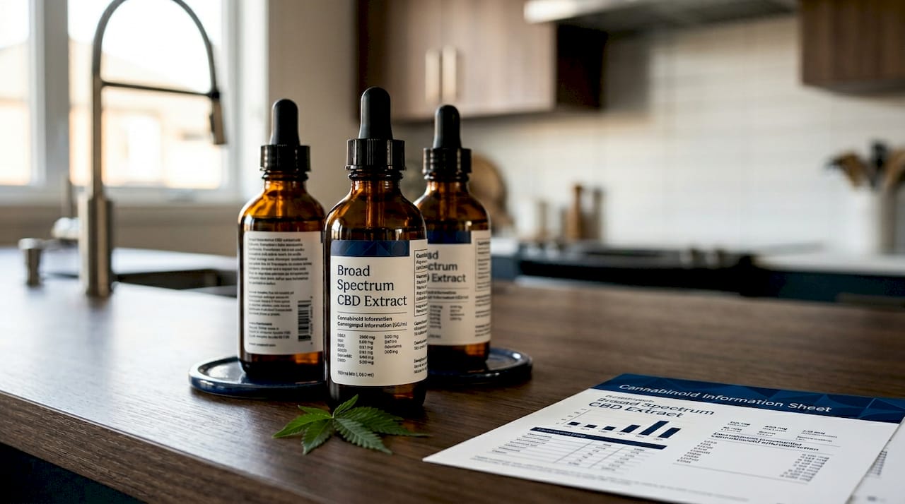 Close-up of broad spectrum CBD extract bottles