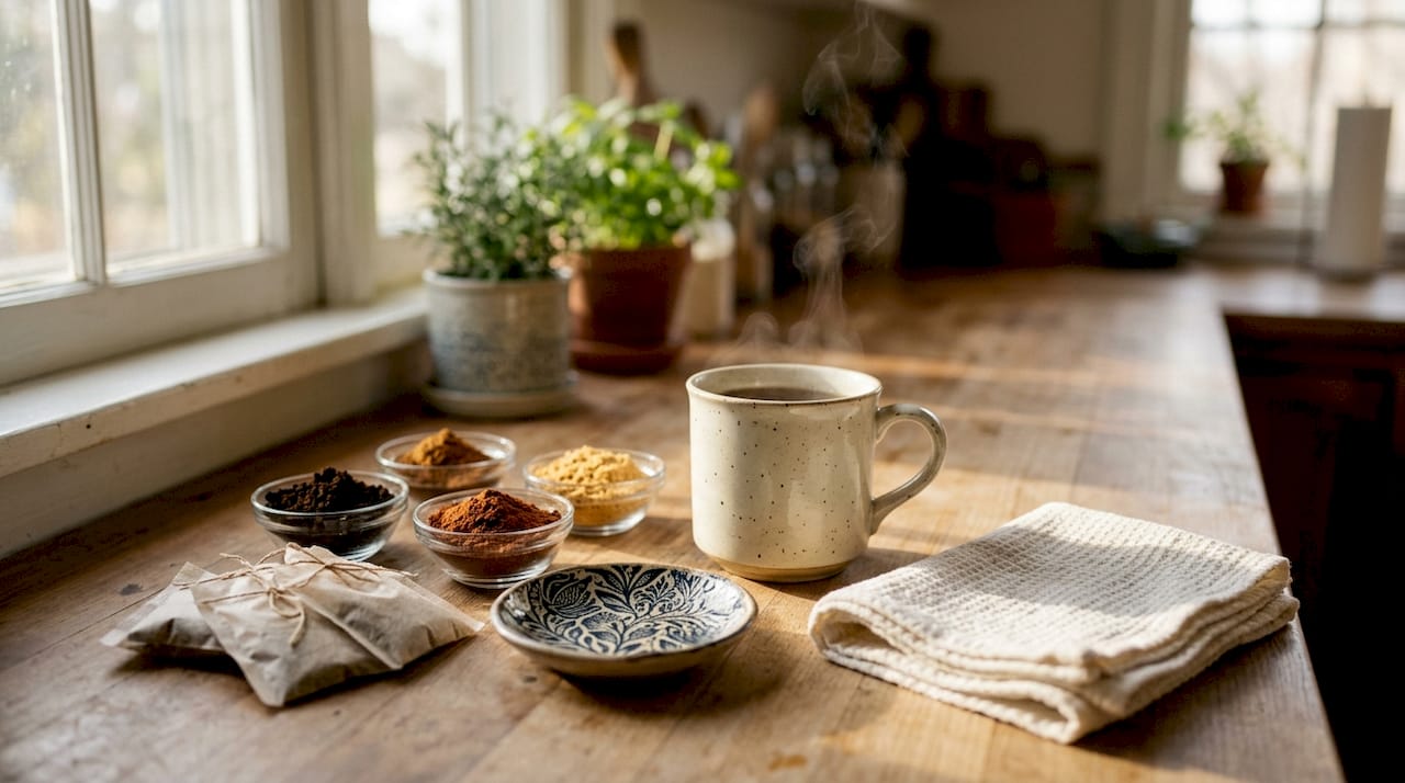 Close-up of mushroom tea bags and ingredients