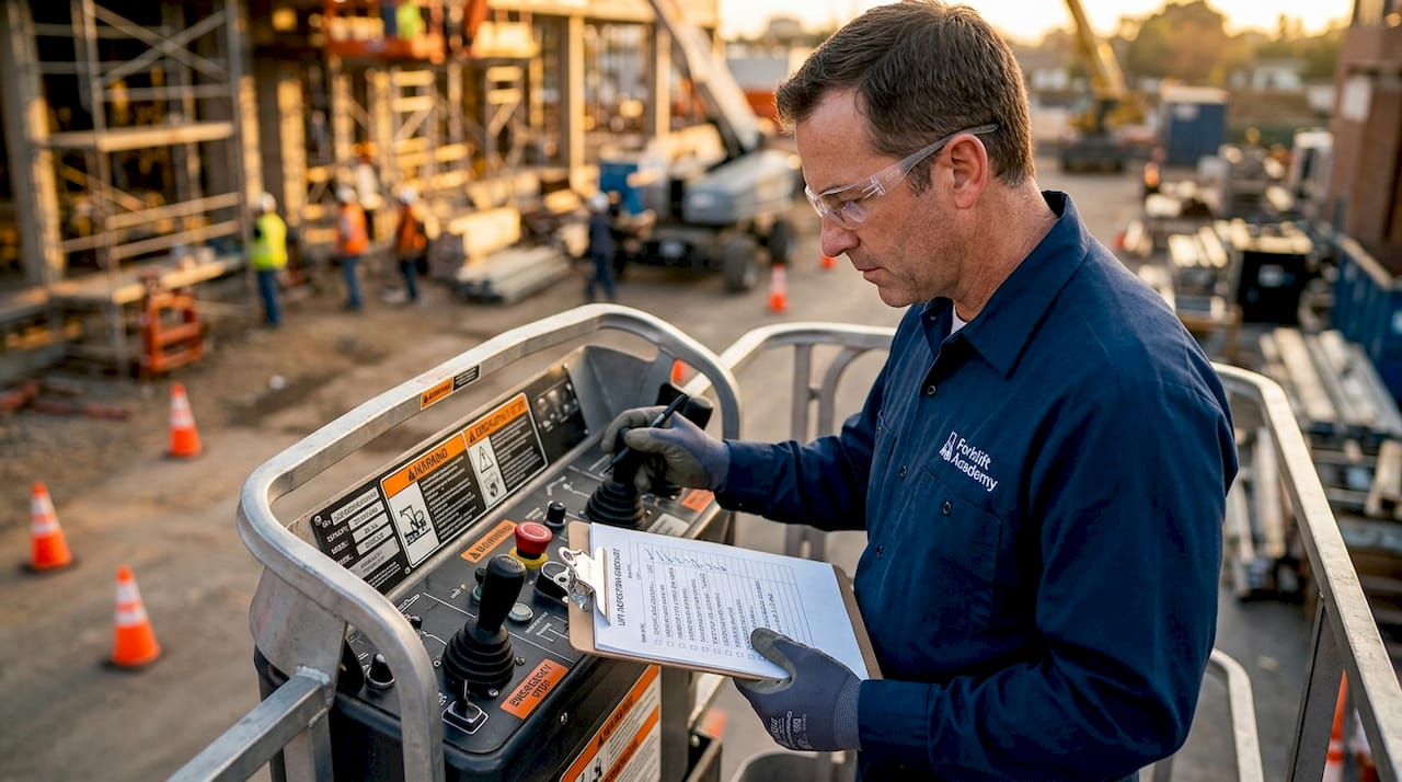 Inspector checking aerial lift safety controls