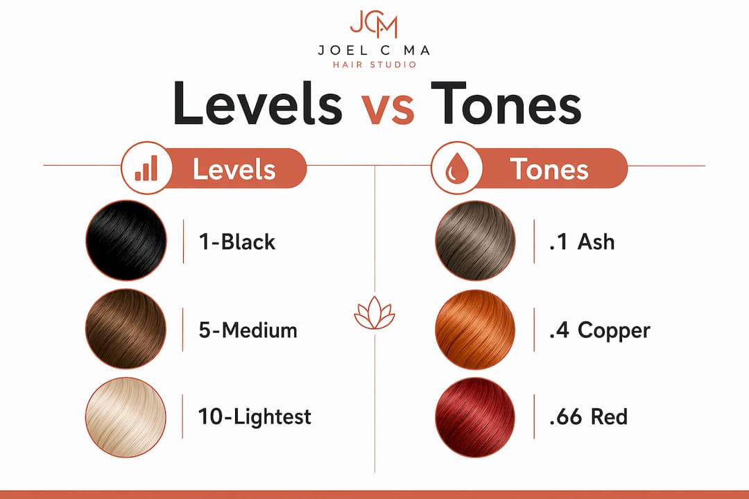 Infographic contrasting hair color levels and tones
