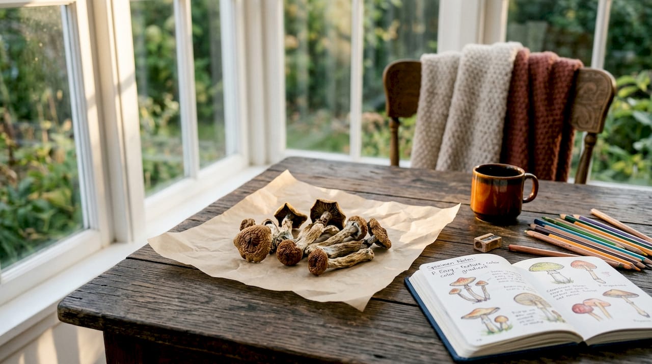 Dried Penis Envy mushrooms on table with guidebook