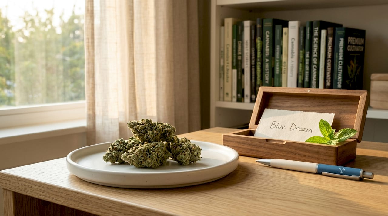 Close-up of Blue Dream cannabis buds on linen