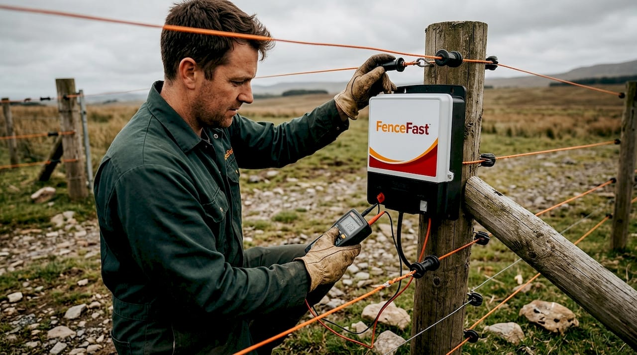 Technician testing electric fence energizer