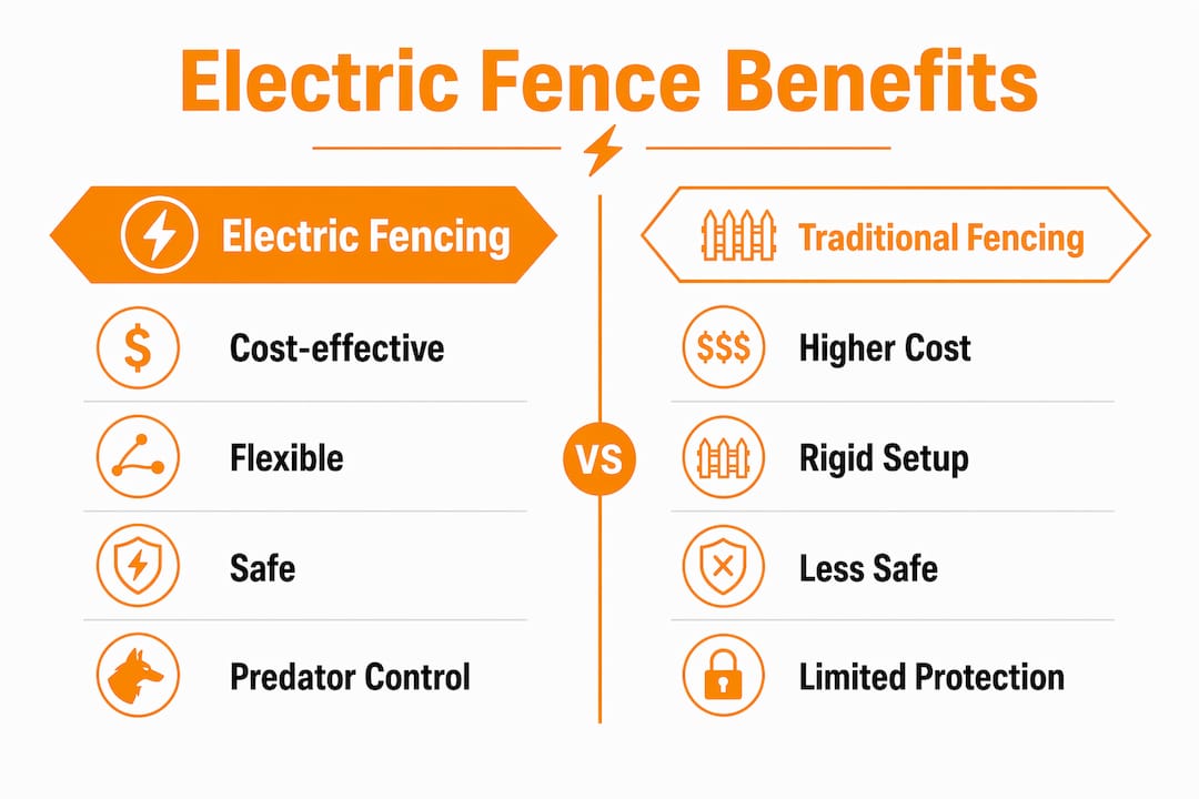 Infographic comparing electric and traditional fencing benefits
