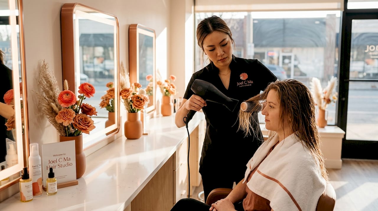Hairstylist blow-drying client at dry salon