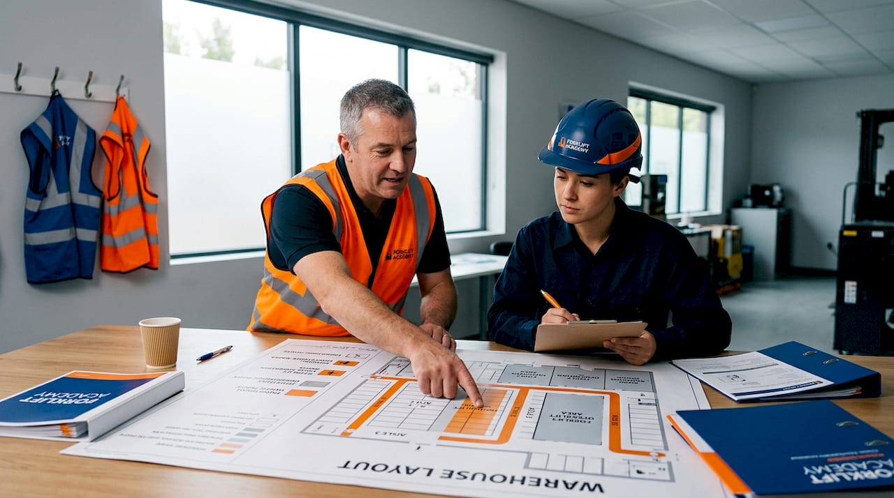 Trainer and trainee assessing forklift hazard map