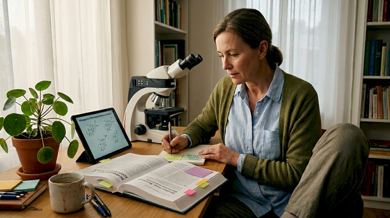 Scientist studying adaptogen pharmacology at desk