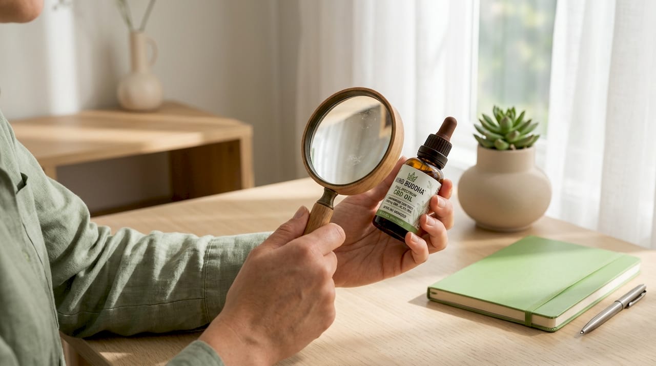 Hands inspecting CBD product label with magnifier