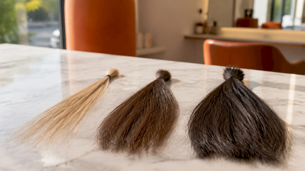 Close-up of different hair strand thicknesses on wood