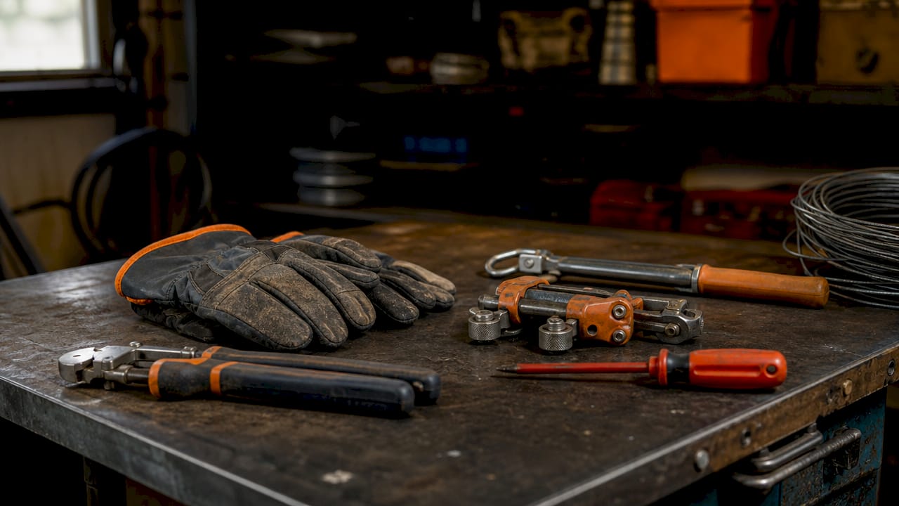 Insulated gloves and fencing tools on post