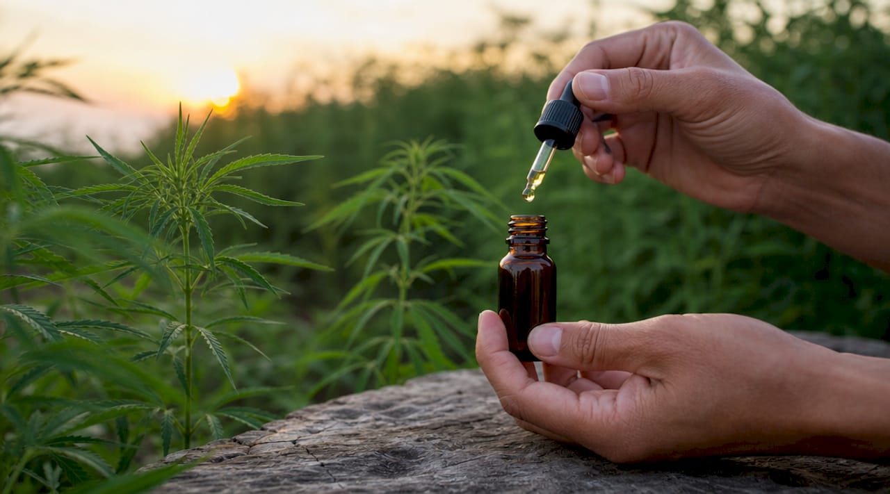 Close-up hands holding hemp-derived CBD oil bottle
