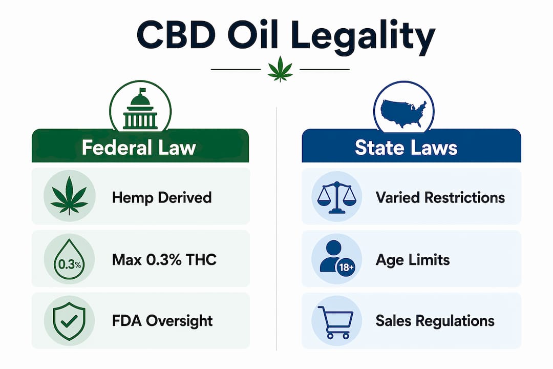 Infographic comparing federal and state CBD oil legal rules in 2025