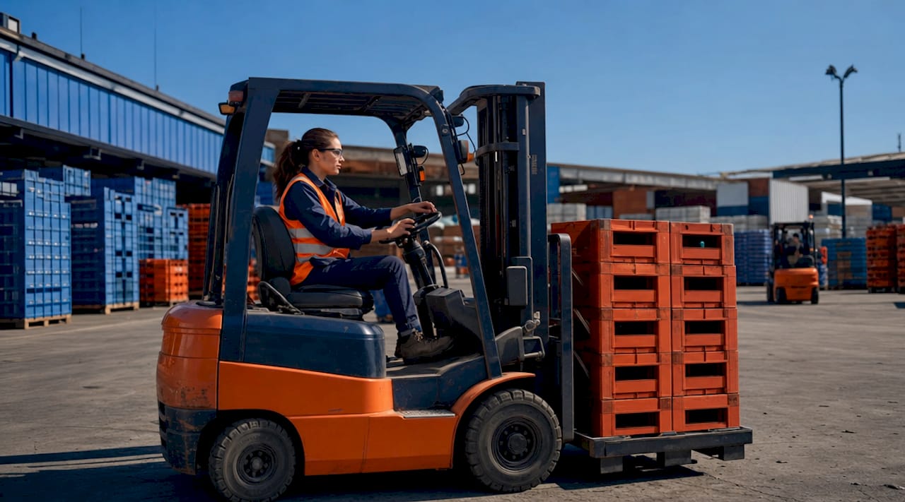Forklift operator navigating narrow warehouse aisle