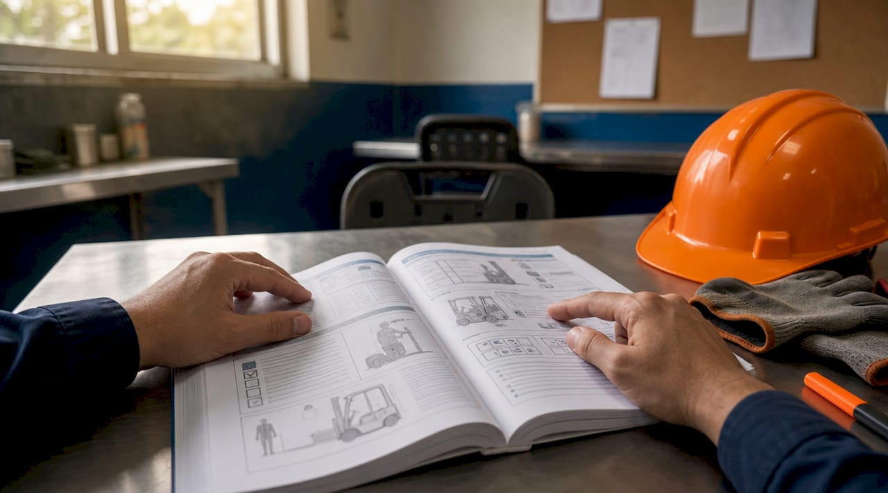 Hands holding OSHA forklift training manual in classroom