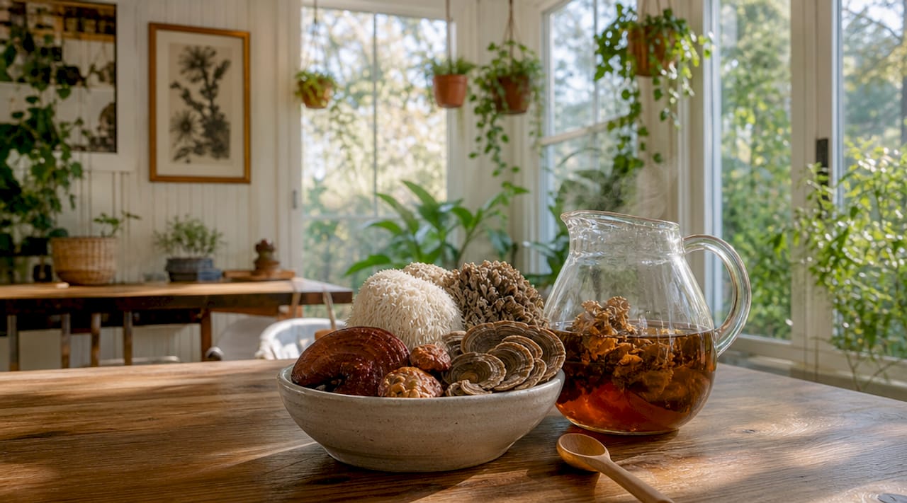 Hands holding bowl of medicinal mushrooms