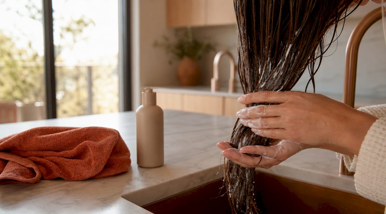Hands applying conditioner in bathroom mirror light