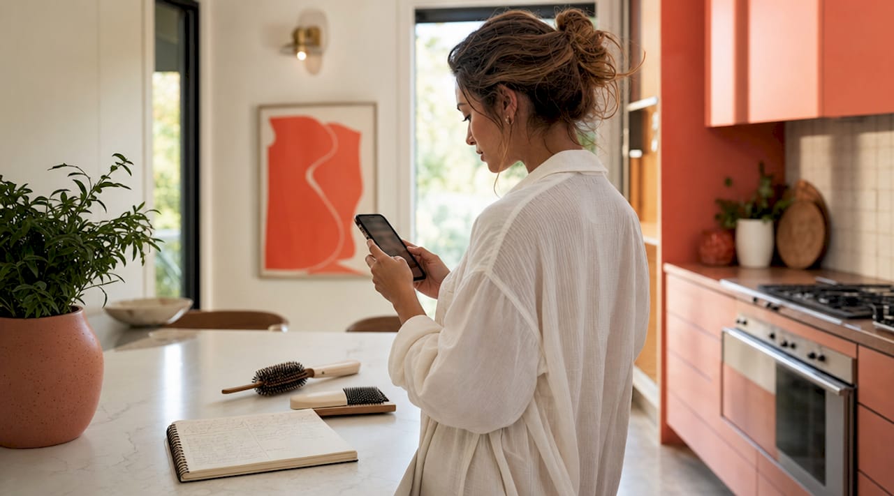 Woman reviewing hairstyle photos before salon visit