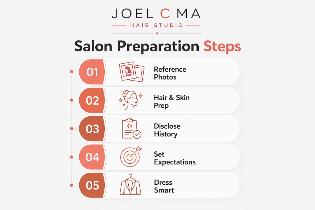 Infographic showing numbered salon visit preparation steps