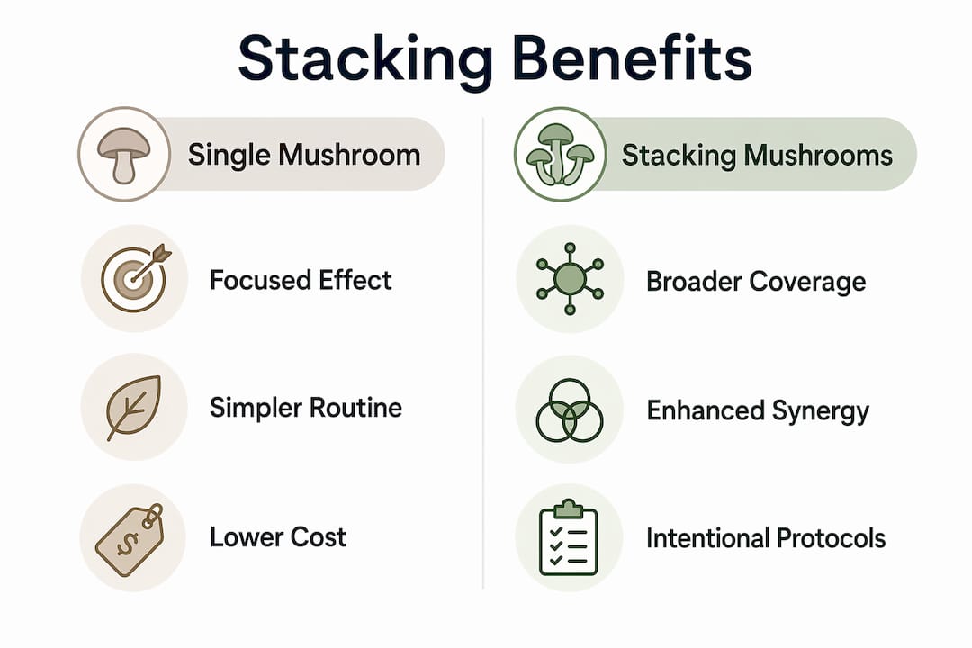 Infographic comparing mushroom stacking and single mushroom benefits