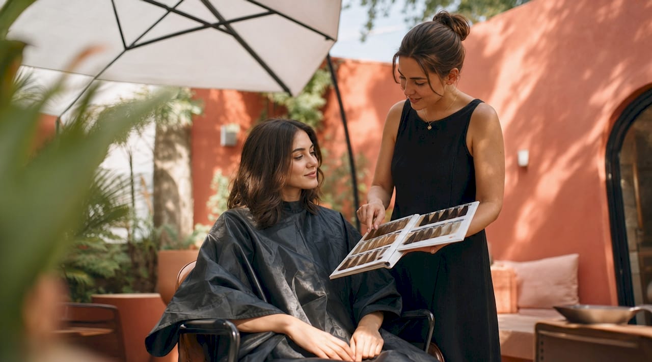 Client and stylist discussing hair color samples