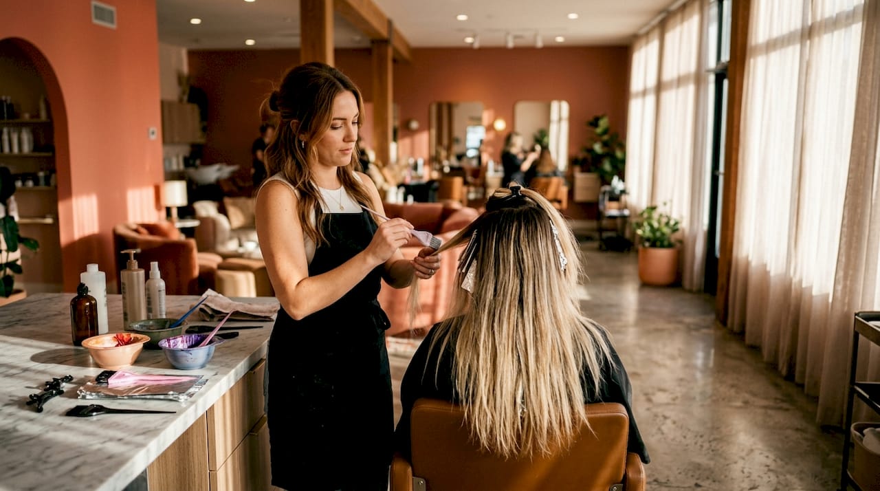Stylist applying balayage highlights to hair