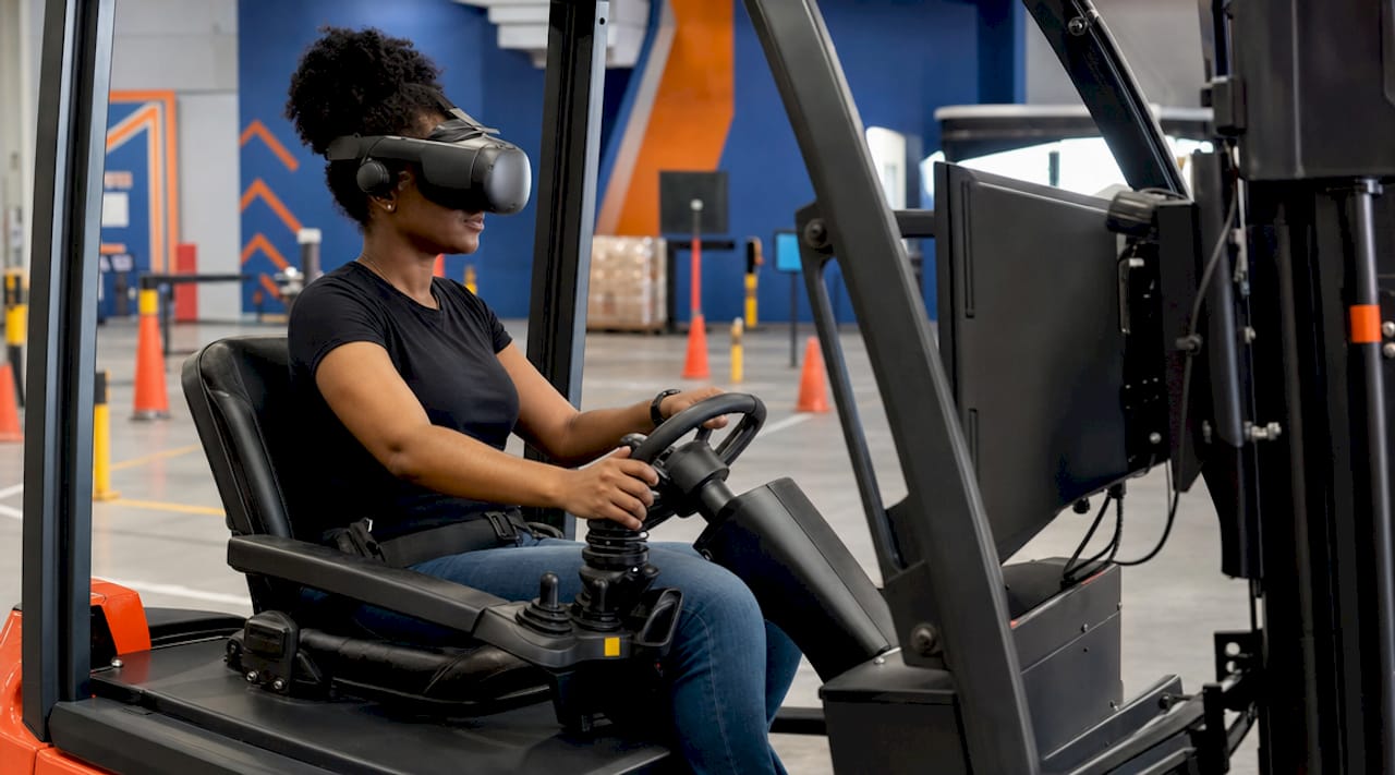 Woman using VR forklift simulator controls