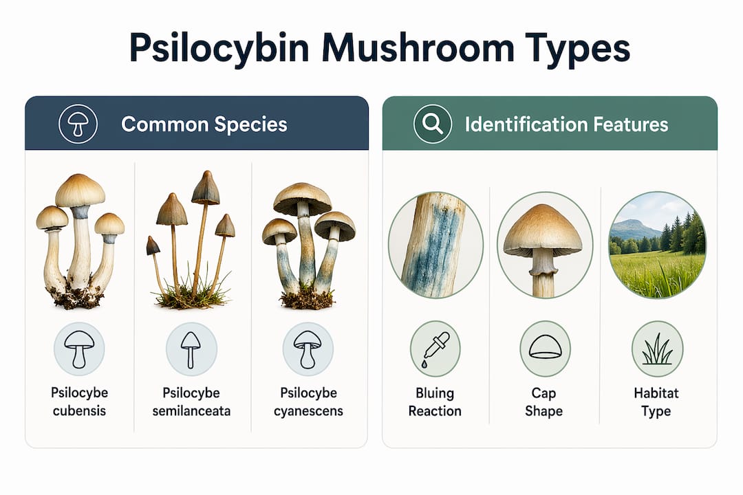 Infographic comparing psilocybin mushroom types and features