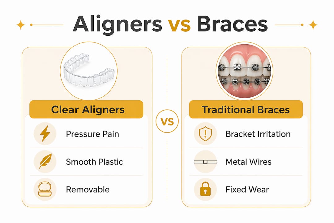 Infographic comparison of aligners and braces pain factors