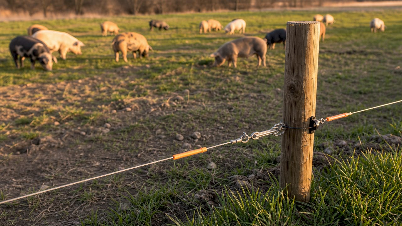 Close-up of electrified offset wire on pig fence corner post