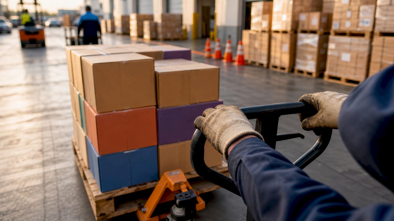 Hands operating manual pallet jack in warehouse