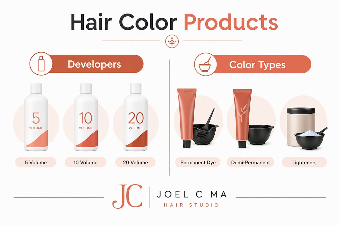 Infographic comparing hair coloring product types and developers