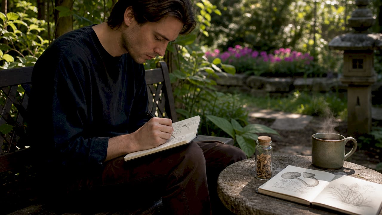 Person journaling psilocybin trip effects notes