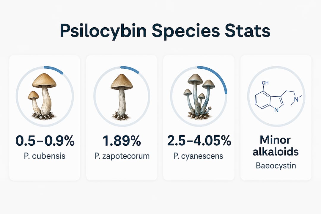 Infographic displaying psilocybin species alkaloid content stats