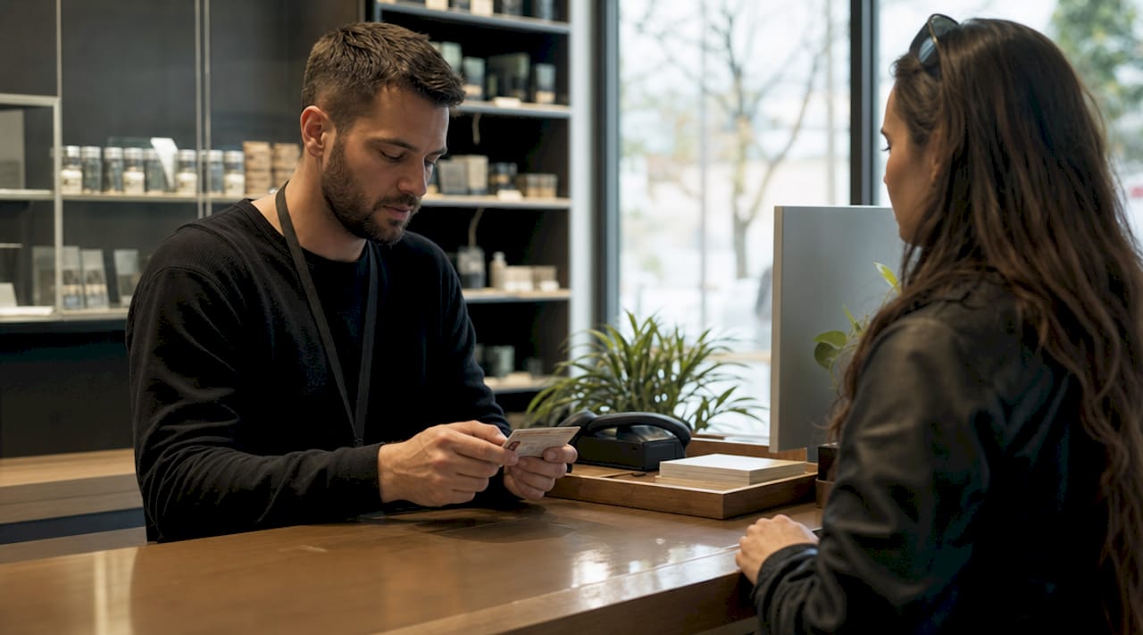 Dispensary employee verifying ID card