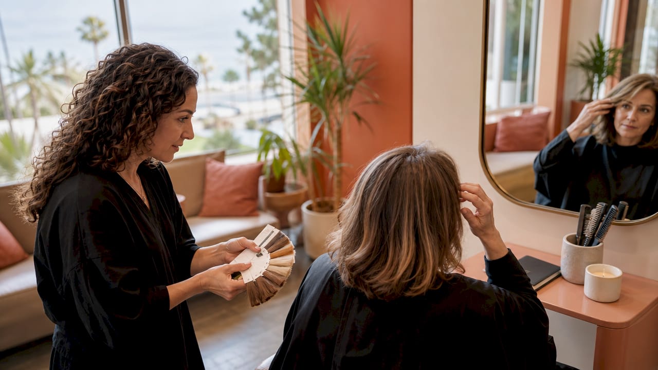 Stylist consulting client one-on-one in hair lounge