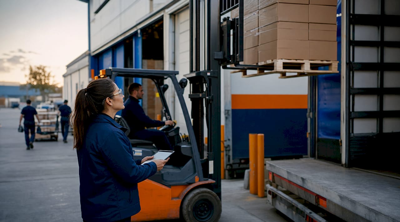 Supervisor inspecting forklift forks and load