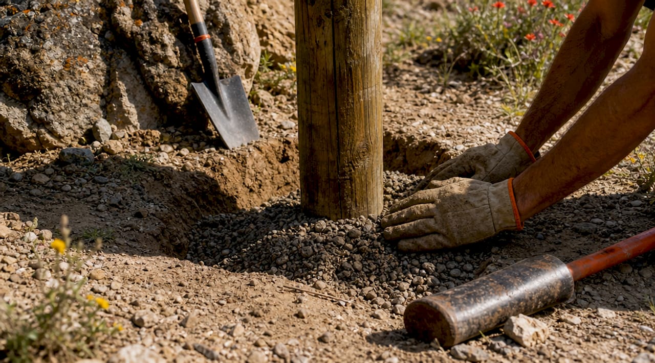 Hands tamping gravel around wooden fence post base