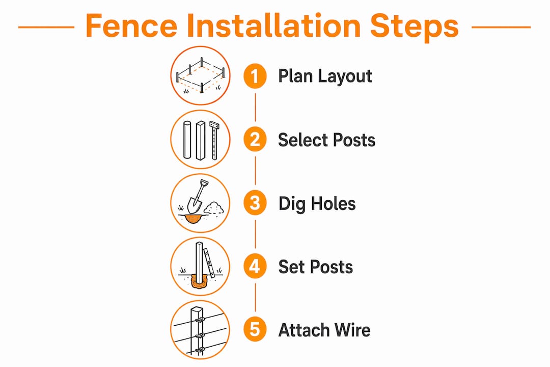 Infographic illustrating fence installation steps