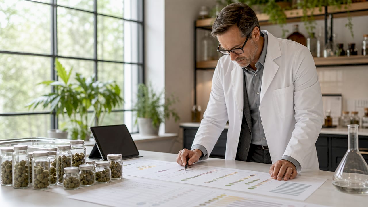 Scientist examining cannabinoid and terpene charts