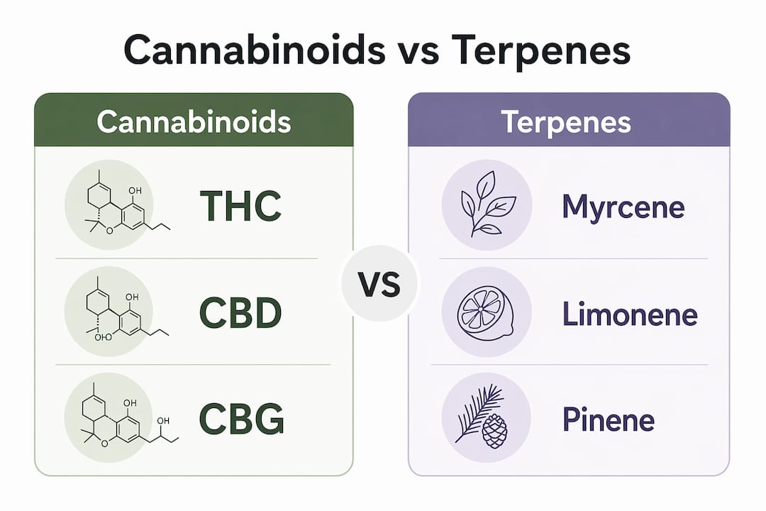 Infographic comparing cannabinoids and terpenes in cannabis strains