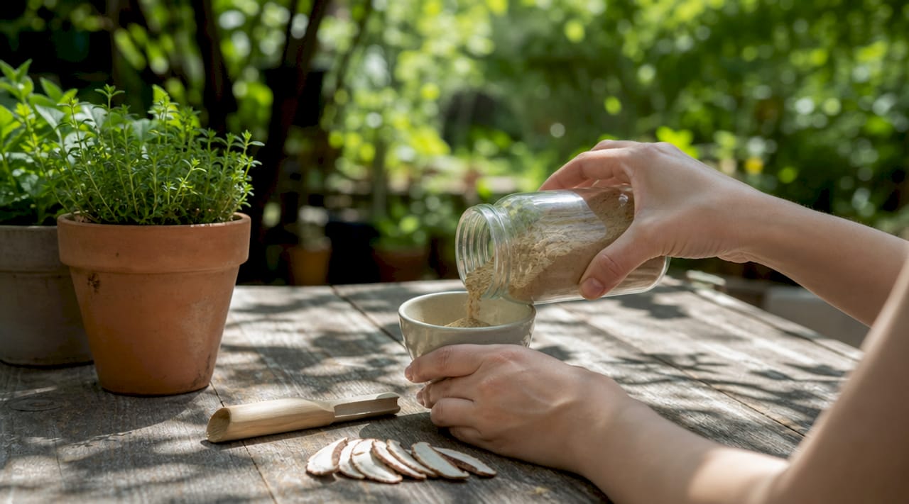 Hands holding mushroom supplement powder jar