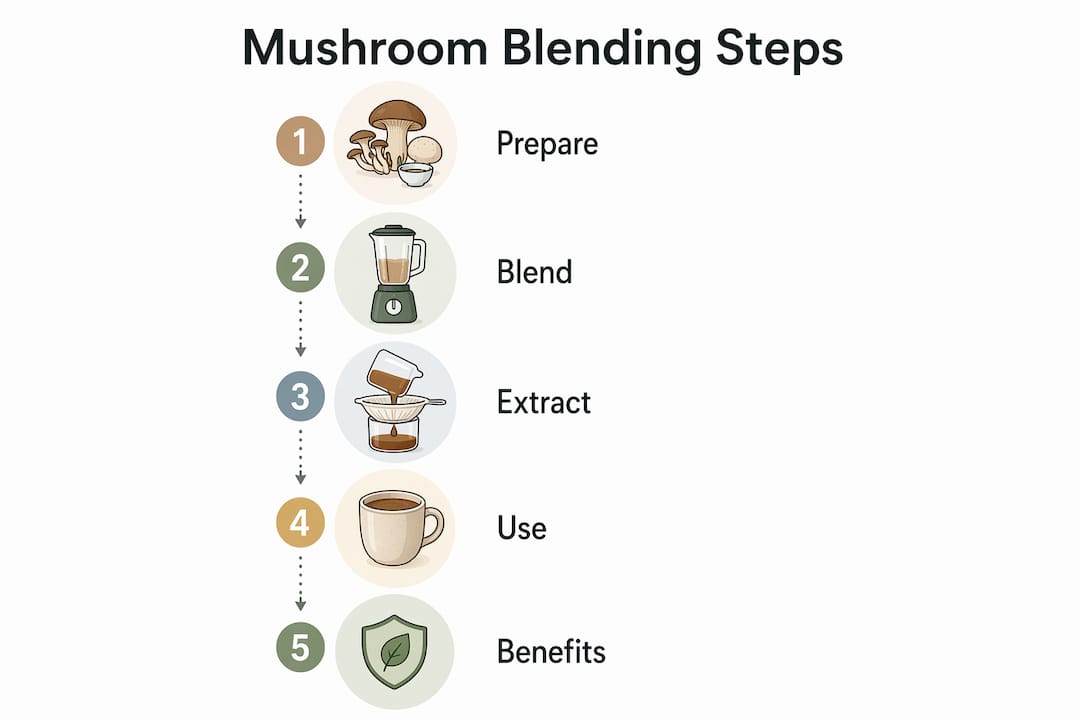 Infographic outlining mushroom blending process and benefits