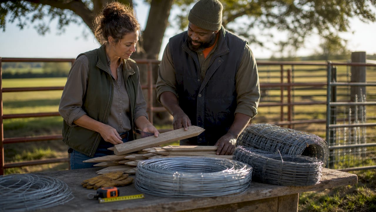 Farmers comparing fence materials outdoors
